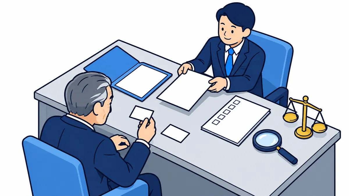 面談の机の上に白い名刺とファイル・書類・虫眼鏡・天びんがあり、社長が名刺を手に取って確かめているアイソメトリックのイラスト