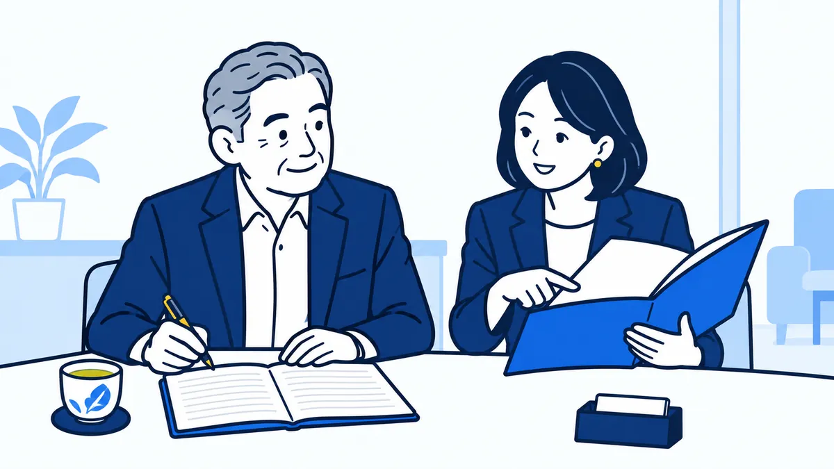 面談の前に、社長がノートに聞きたいことを書き出し、隣で案内役がファイルを指さしている場面