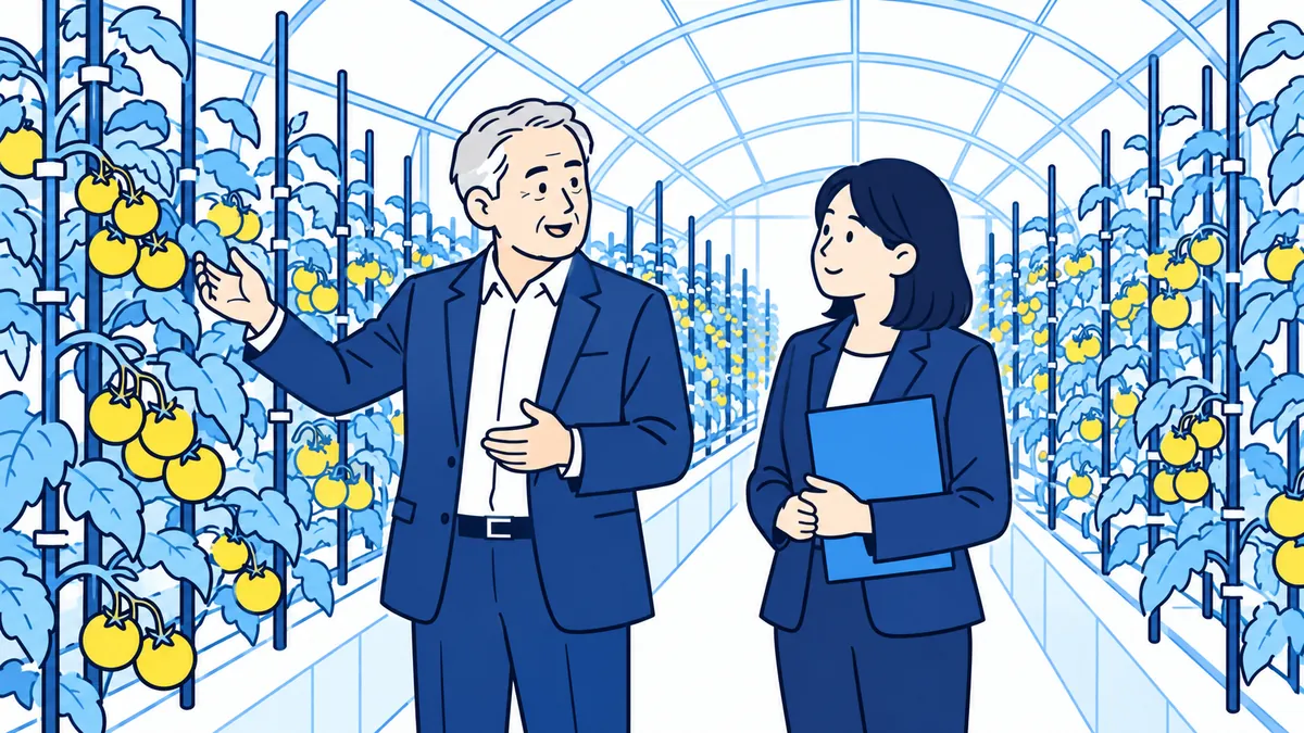ビニールハウスの中で、社長がトマトの株を示し、案内役が話を聞いている場面