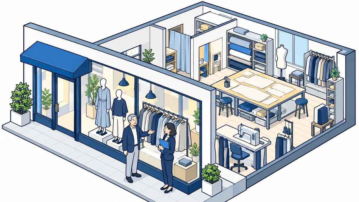 服が並ぶ小さな洋服の店と奥のアトリエの前で、社長が服を示し、案内役が話を聞いているアイソメトリックのイラスト