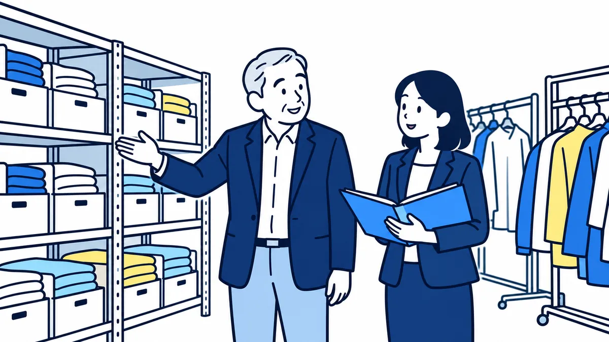 衣料品の倉庫で、社長が棚の在庫を示し、案内役がファイルを開いて一緒に確かめている場面