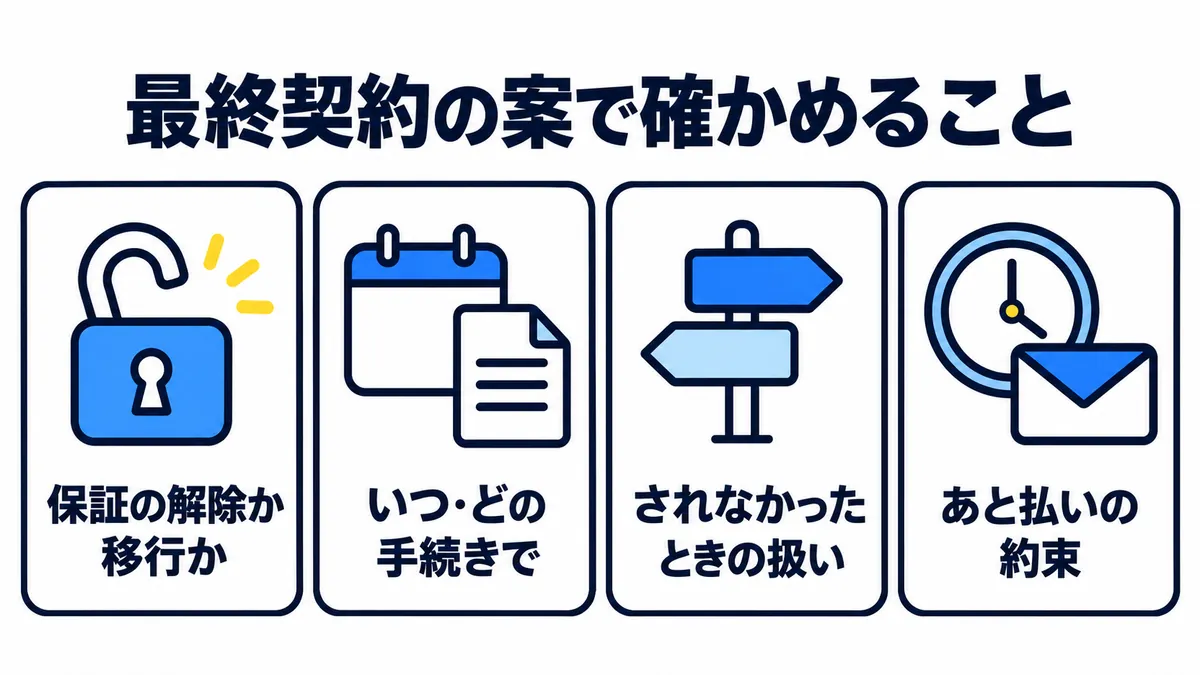 最終契約の案で確かめること（保証の解除か移行か、いつ・どの手続きで、されなかったときの扱い、あと払いの約束）を示した図