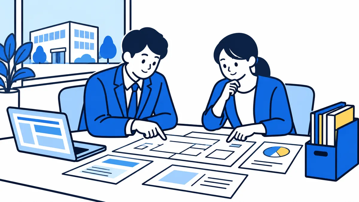 事務所の机で、2人が書類と表を広げて確かめ合っている場面