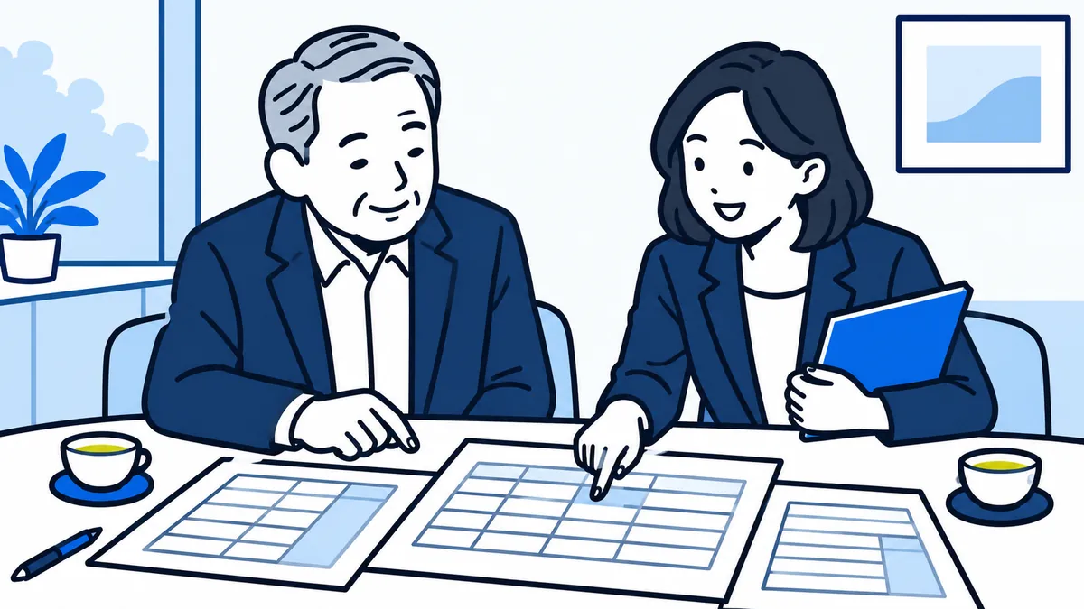 社長と案内役が並んで座り、机の上の資料を一緒に指でたどって確かめている場面