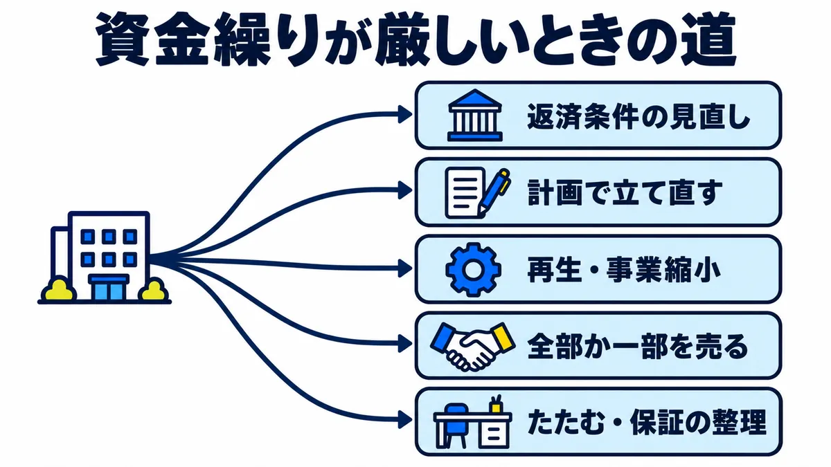 資金繰りが厳しいときの道として、返済条件の見直し、計画で立て直す、再生・事業縮小、全部か一部を売る、たたむ・保証の整理の5つを並べた図