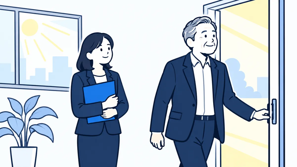 社長が事務所のドアを開けて明るい朝の光のほうへ踏み出し、案内役がそばで見送っている場面