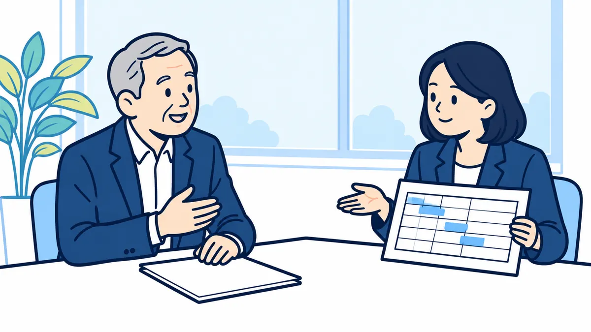 明るい会議室で、社長と案内役が線だけの予定表を見ながら、売ったあとの引き継ぎの時期を話し合っている場面
