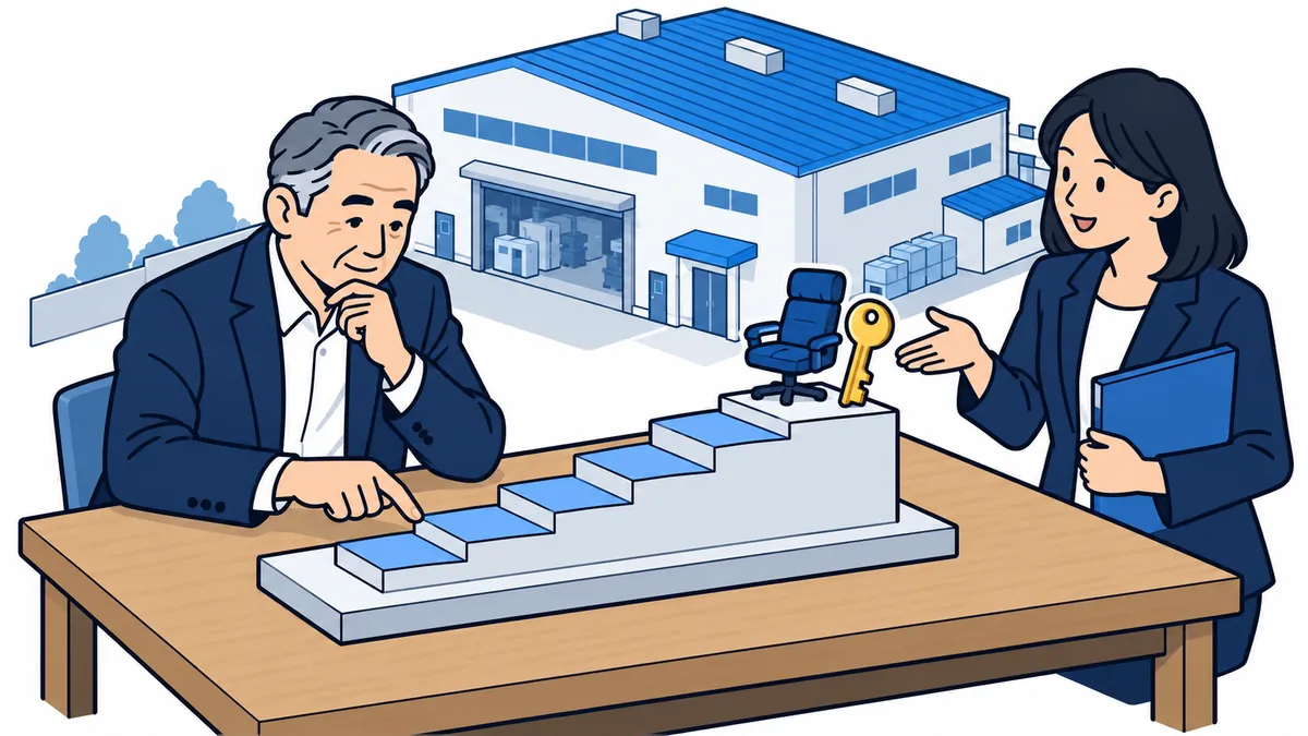 町工場を背景に、社長と案内役が、テーブルの上のなだらかな階段の模型と、その上の椅子のミニチュアと鍵を見ているアイソメトリックのイラスト