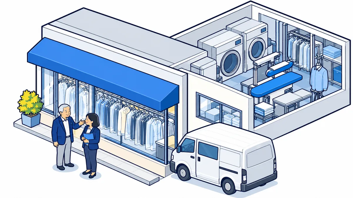 仕上がった衣類が並ぶ小さなクリーニング店と工場の前で、社長が衣類を示し、案内役が話を聞いているアイソメトリックのイラスト