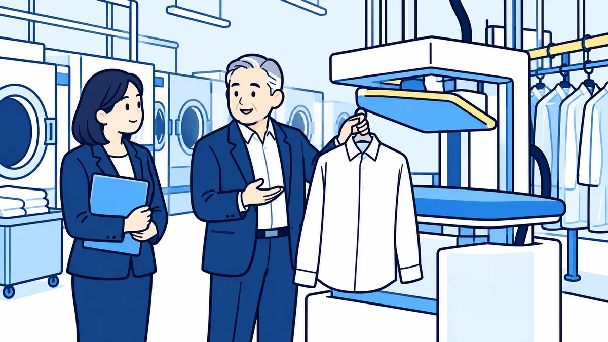 クリーニング工場のプレス機のそばで、社長が仕上がったシャツを示し、案内役が話を聞いている場面