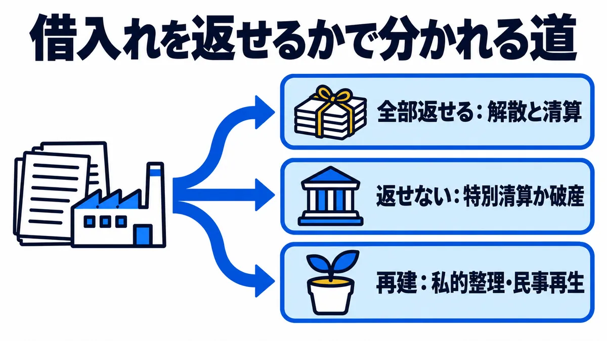 借入れを返せるかで分かれる道として、全部返せるなら解散と清算、返せないなら特別清算か破産、再建するなら私的整理・民事再生を示した図