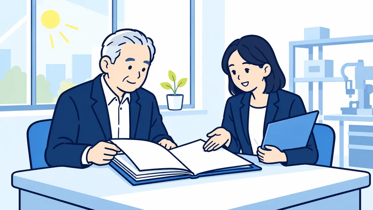 朝の光が差す事務所で、社長が書類のファイルを開いて確かめ、向かいの案内役が穏やかに説明している場面