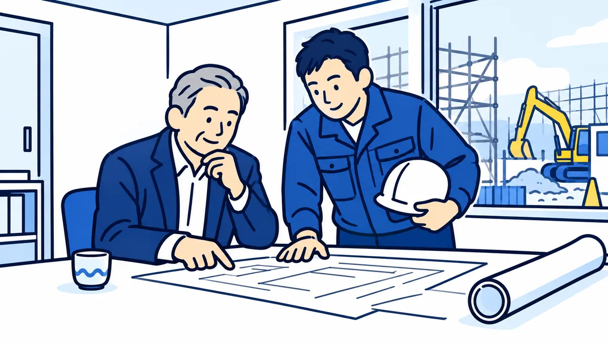現場事務所で、社長と技術者が机の上の書類を一緒に確かめている場面