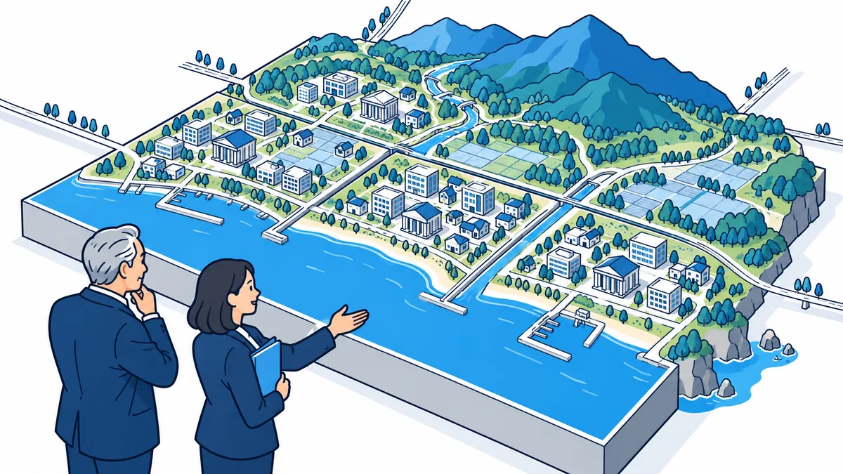 4つの区画に分かれた地形の模型に小さな事務所や金融機関の建物が並び、社長と案内役が見比べているアイソメトリックのイラスト