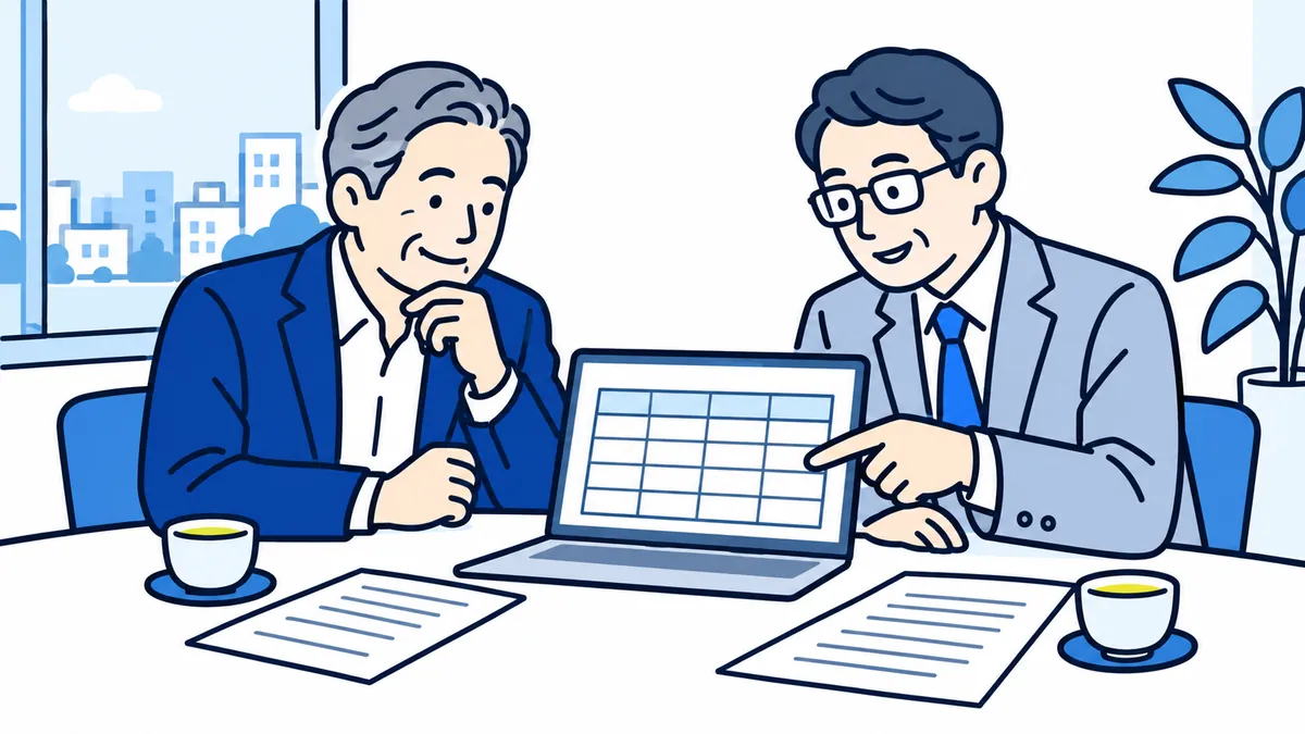 会計事務所の打ち合わせ室で、社長と税理士がノートパソコンの画面を一緒に見ている場面