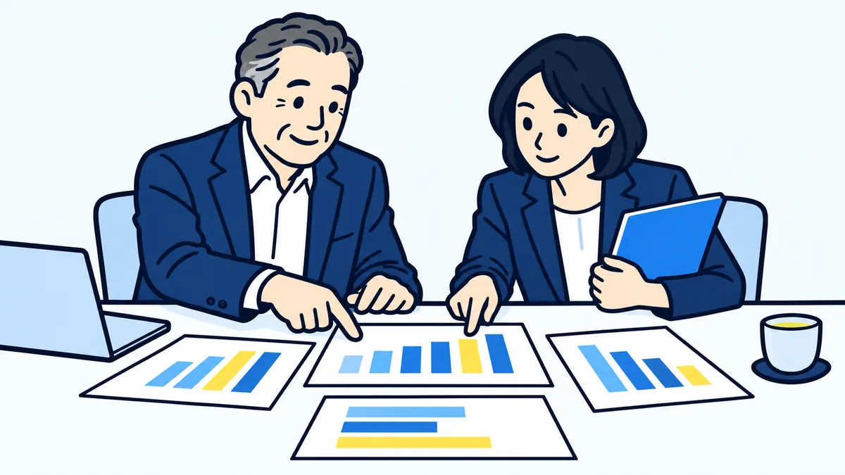 社長と案内役が、部門ごとの資料を見比べて、ひとつの部門を指さしている場面