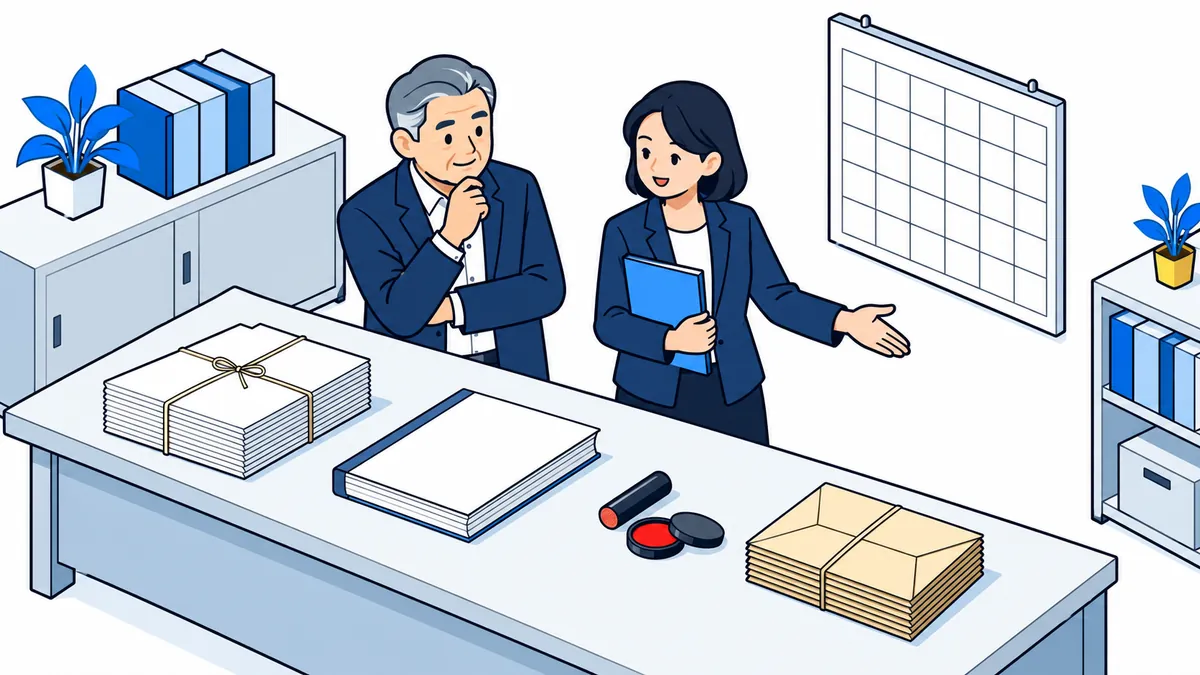 事務所の机に順に並んだ書類の束や帳簿を社長が見渡し、案内役が列の先を手で示しているアイソメトリックのイラスト