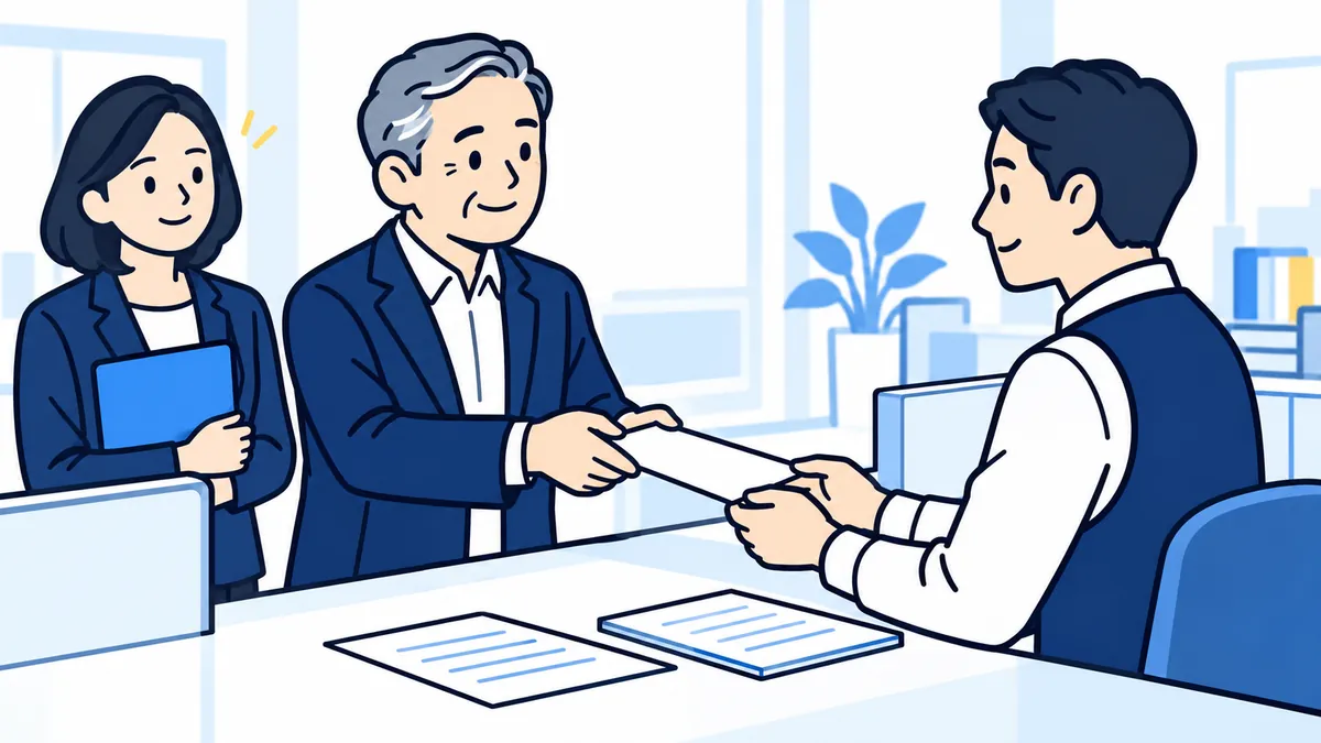 役所の窓口で、社長が職員に封筒を手渡し、後ろで案内役が見守っている場面