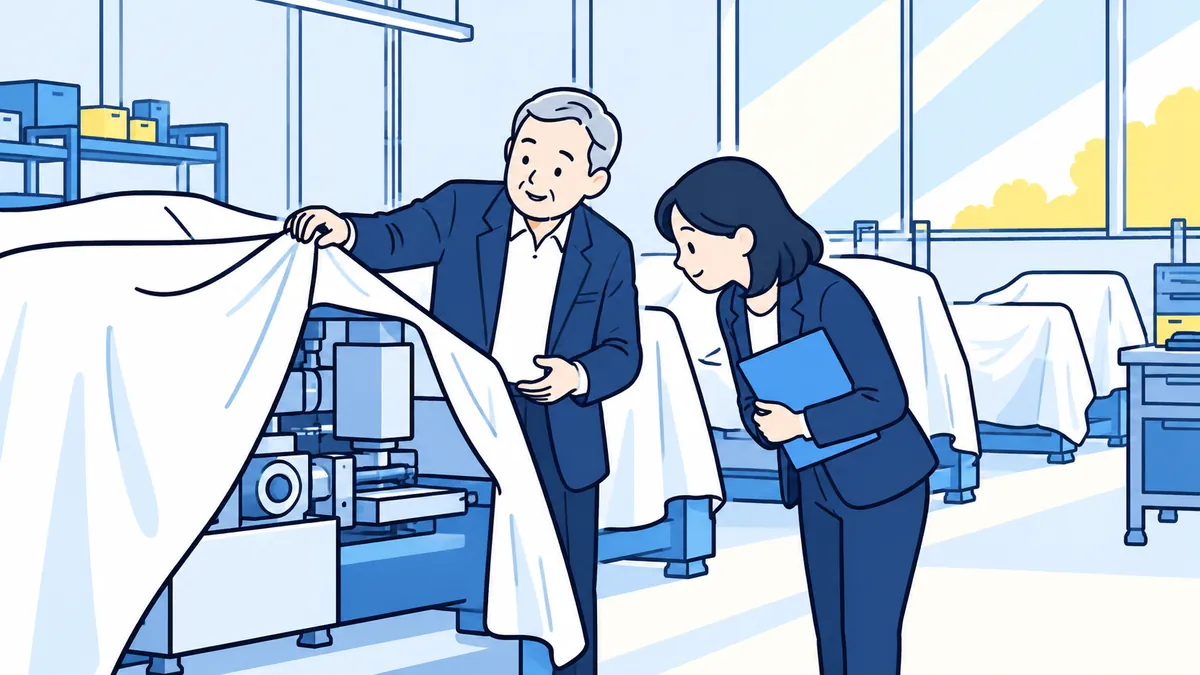 布をかけた機械が並ぶ静かな作業場で、社長が布をめくって機械を見せ、案内役がのぞき込んでいる場面