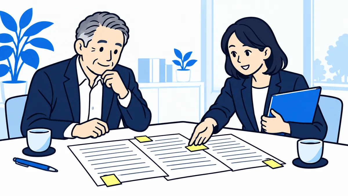 応接室で、社長が付せんの貼られた契約書の下書きを読み、案内役が付せんの箇所を示して説明している場面