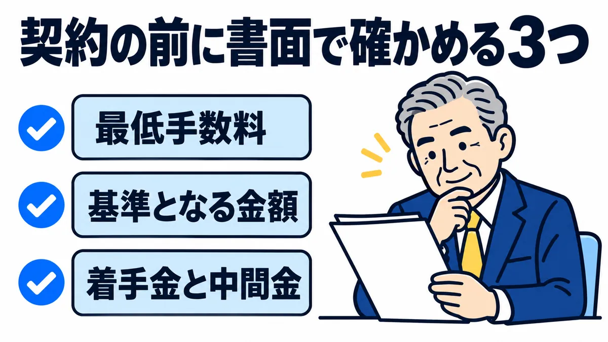 契約の前に書面で確かめる3つ（最低手数料・基準となる金額・着手金と中間金）のチェックリストの図