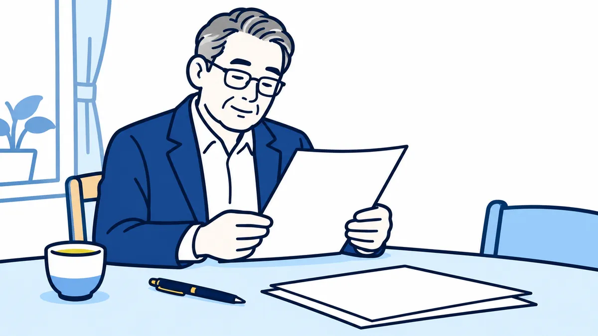 署名の前に、社長が自宅で契約書をていねいに読んでいる場面