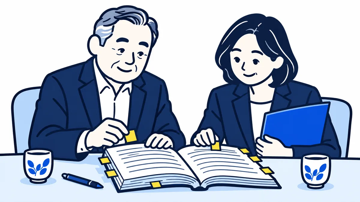 社長と案内役が並んで座り、契約書の案に付箋を貼りながら一緒に読んでいる場面