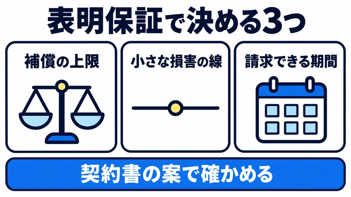 表明保証で決める3つ（補償の上限・小さな損害の線・請求できる期間）を、契約書の案で確かめることを示した図