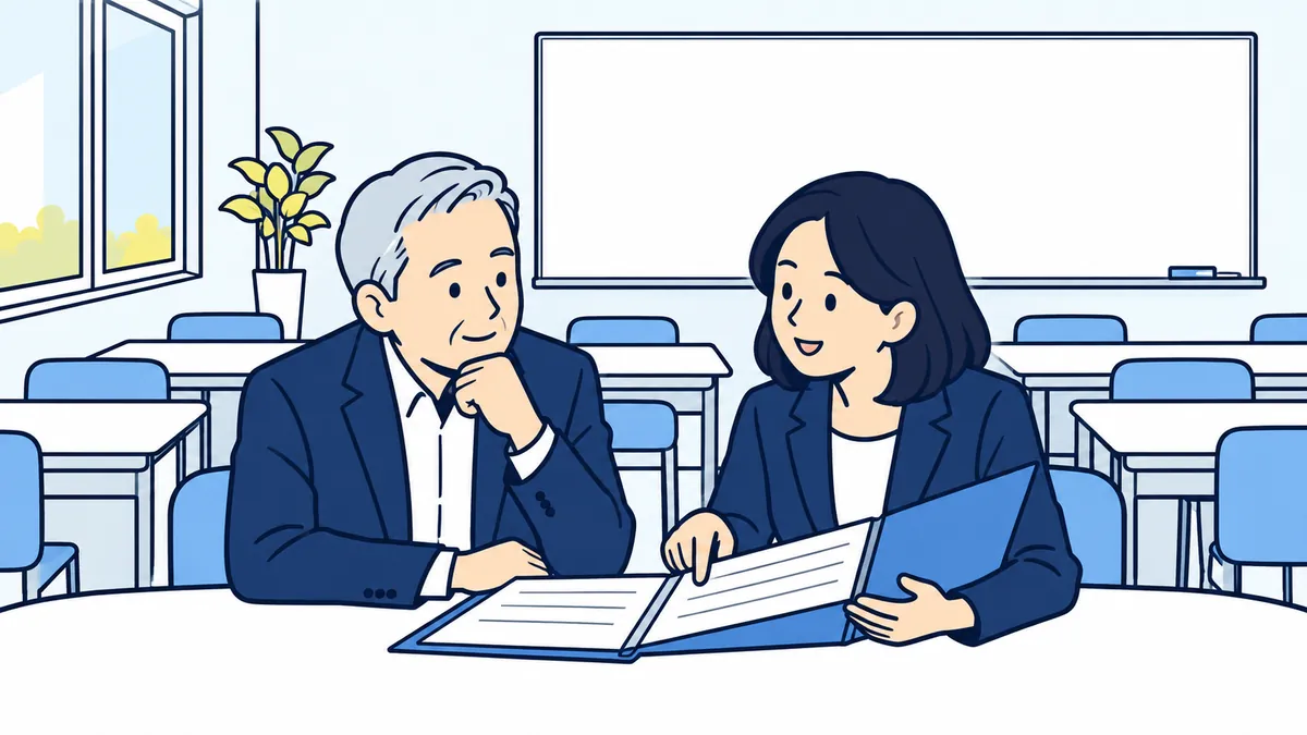 授業のない学習塾の教室で、社長と案内役が机に向かい合って書類のファイルを確かめている場面