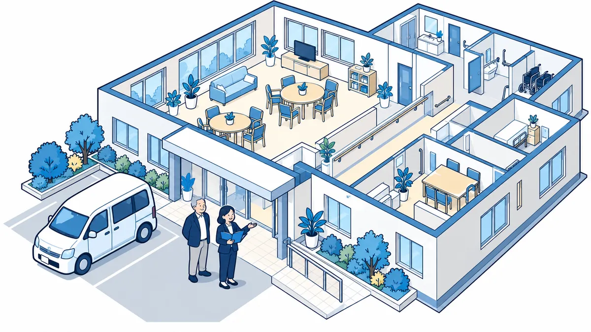 明るいデイサービスの建物と送迎の車の前で、社長と案内役が話しているアイソメトリックのイラスト