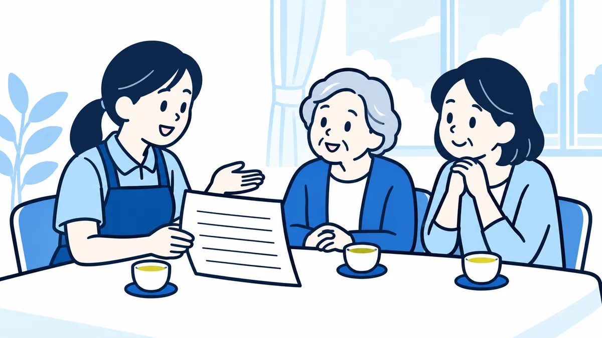 デイサービスの談話室で、職員が利用者とその家族に書類を見せながら穏やかに説明している場面