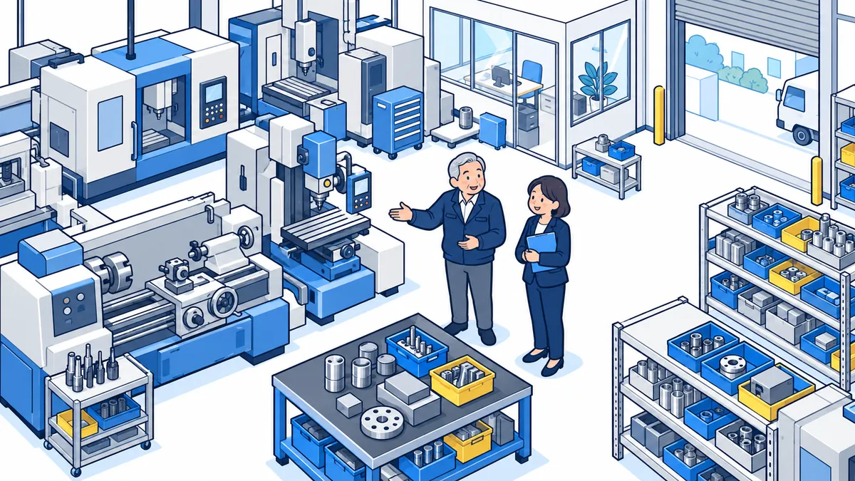 工作機械が並ぶ明るい町工場の中で、社長が機械を示し、案内役が話を聞いているアイソメトリックのイラスト