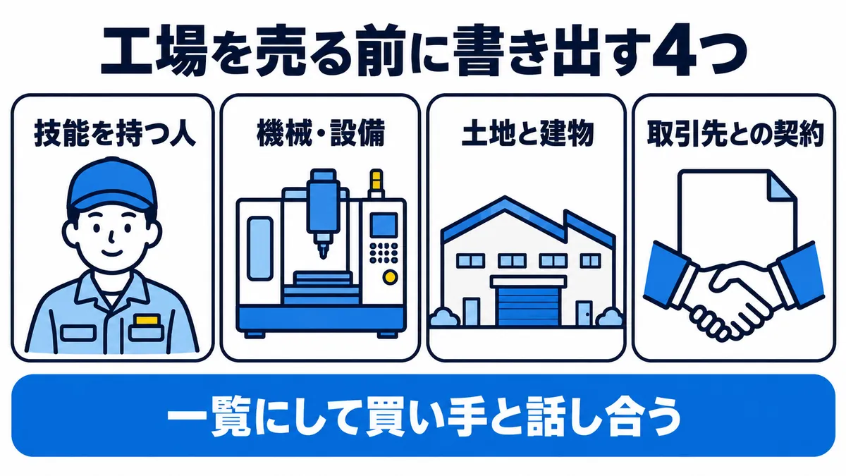 工場を売る前に書き出す4つ（技能を持つ人・機械・設備・土地と建物・取引先との契約）を一覧にして、買い手と話し合うことを示した図