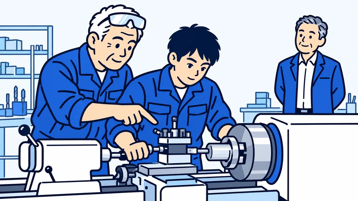 町工場で、ベテランの職人が若い社員に旋盤の作業を教え、それを社長が見守っている場面