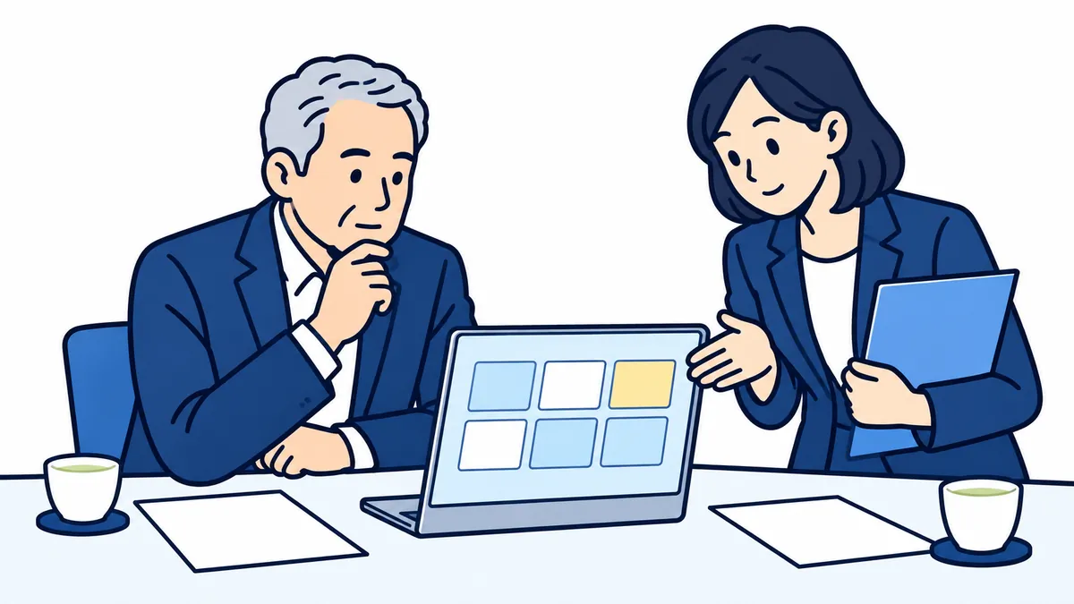 社長がノートパソコンの画面を見ながら載せる情報の範囲を考え、隣で案内役が画面を手で示している場面