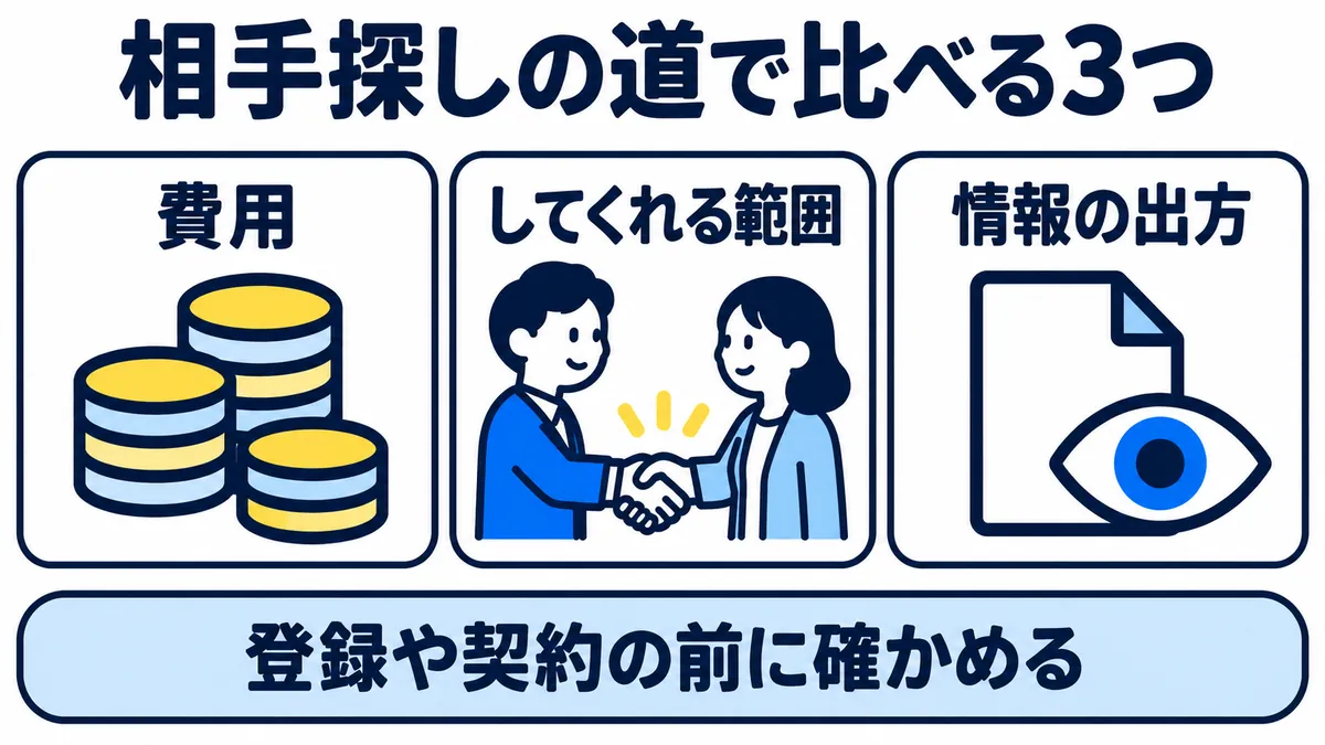 相手探しの道で比べる3つ（費用・してくれる範囲・情報の出方）を、登録や契約の前に確かめることを示した図