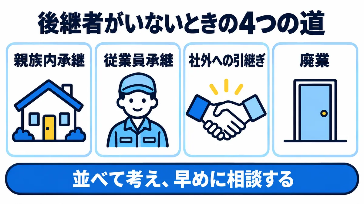 後継者がいないときの4つの道（親族内承継・従業員承継・社外への引継ぎ・廃業）を並べて考え、早めに相談することを示した図