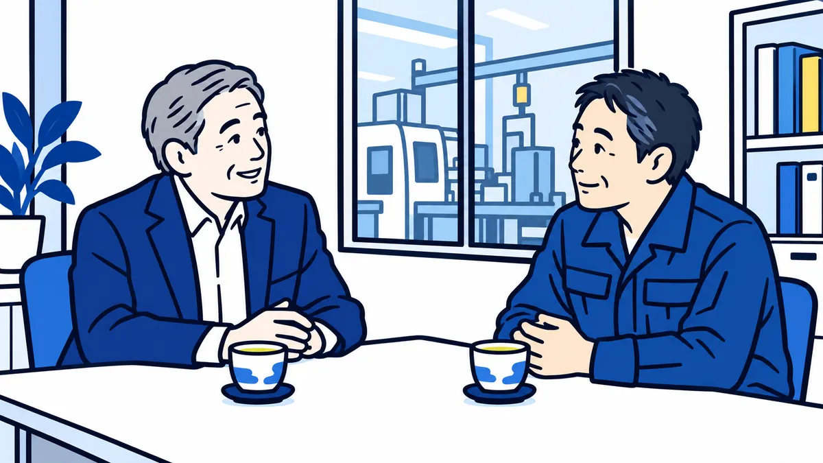 町工場の事務所で、社長と長く勤める社員が机をはさんで穏やかに話し合っている場面
