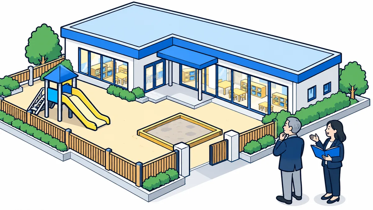 すべり台と砂場のある園庭と保育所の建物の前で、社長と案内役が話しているアイソメトリックのイラスト