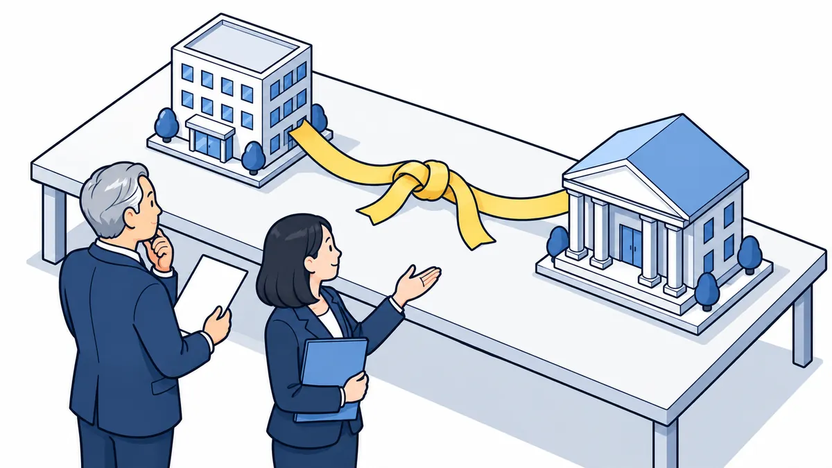 会社と金融機関の建物をつなぐリボンの結び目を、社長と案内役が落ち着いて確かめているアイソメトリックのイラスト