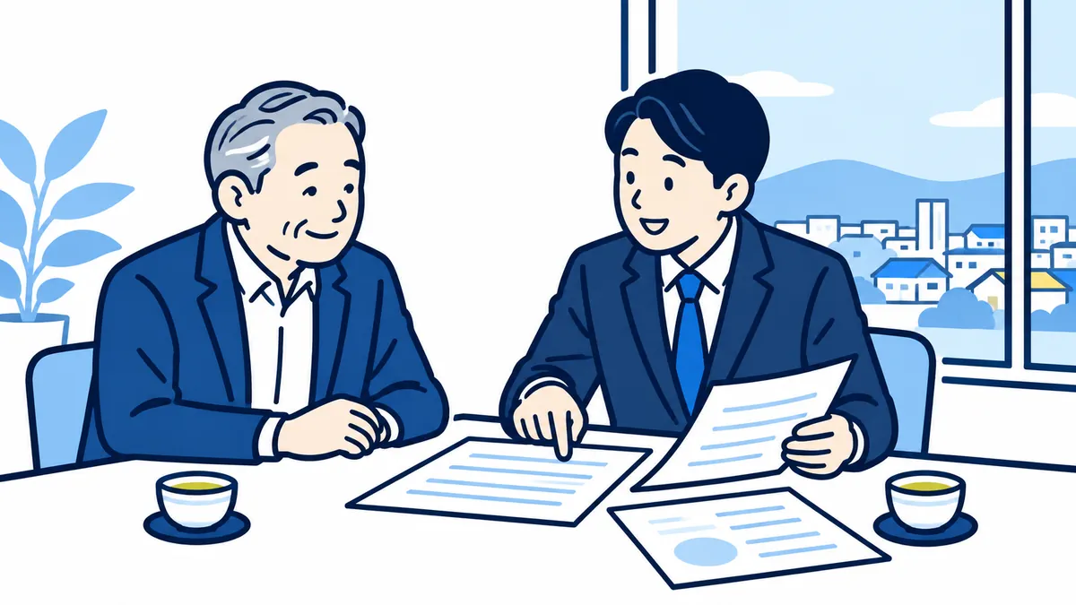 金融機関の相談室で、社長が担当者と書類を見ながら穏やかに話している場面