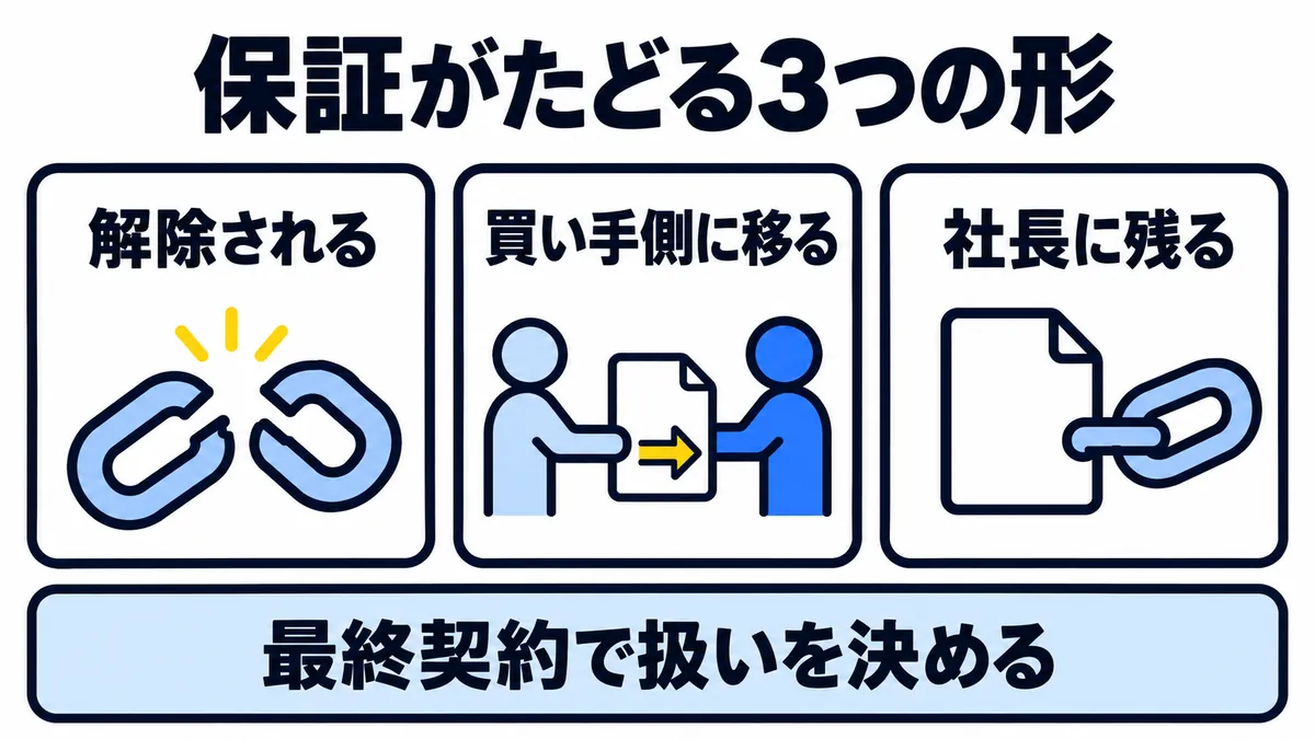 経営者保証がたどる3つの形（解除される・買い手側に移る・社長に残る）と、最終契約で扱いを決めることを示した図