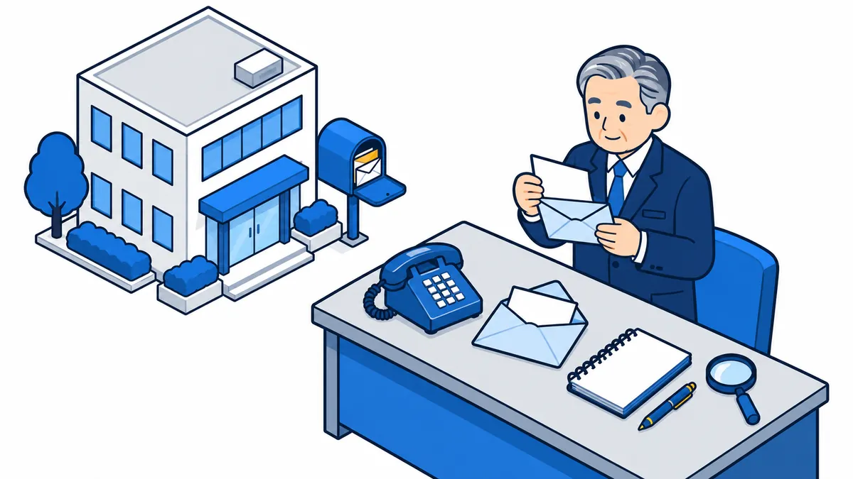 会社の郵便受けからのぞく封筒と、電話機・開いた封筒・ノートが置かれた机のそばで、社長が封筒を確かめているアイソメトリックのイラスト
