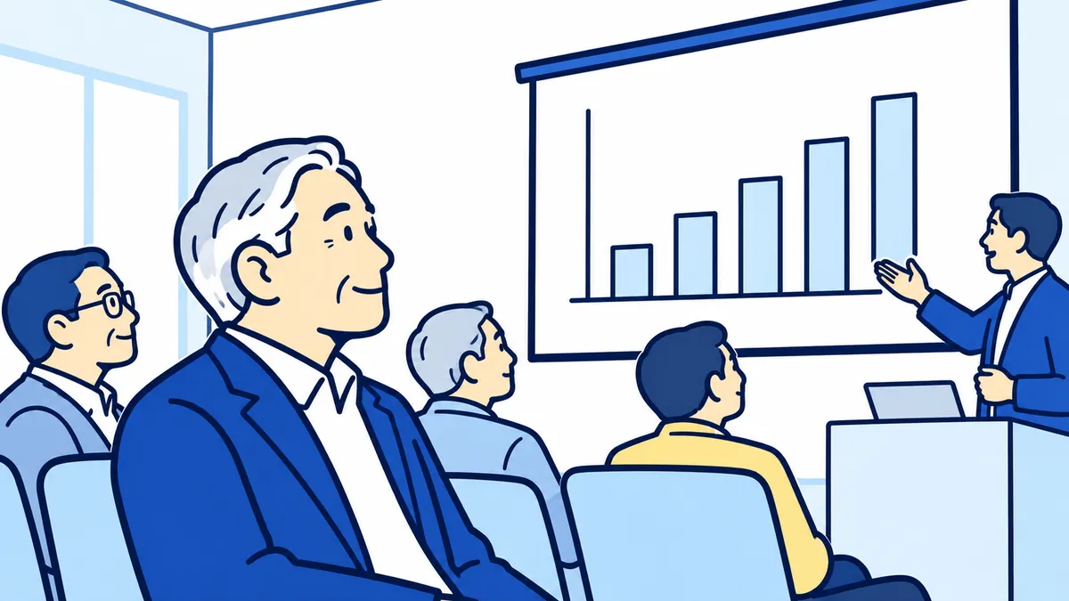 説明会で、社長と同じ年ごろの経営者たちが並んでグラフを見ている場面