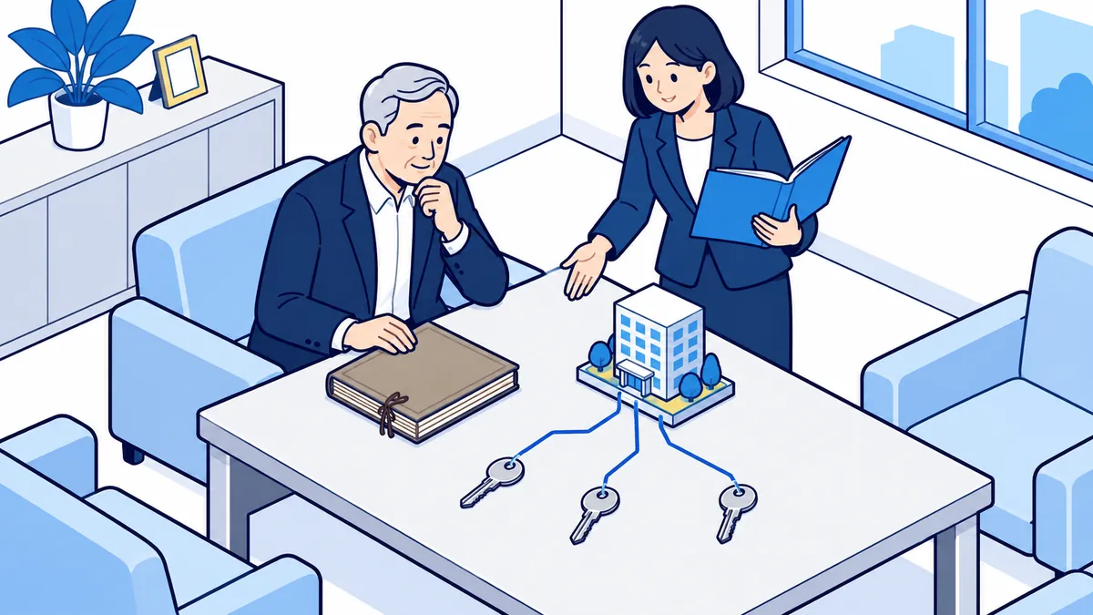 机の上の会社の模型から3本の線が枝分かれして鍵につながり、古い帳面に手を置いた社長と、青いファイルを持つ案内役がその線を見ているアイソメトリックのイラスト