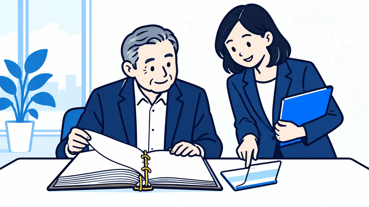 社長が古い帳面を開き、案内役が青いファイルを手に、横に置いた通帳を指して一緒に見比べている場面