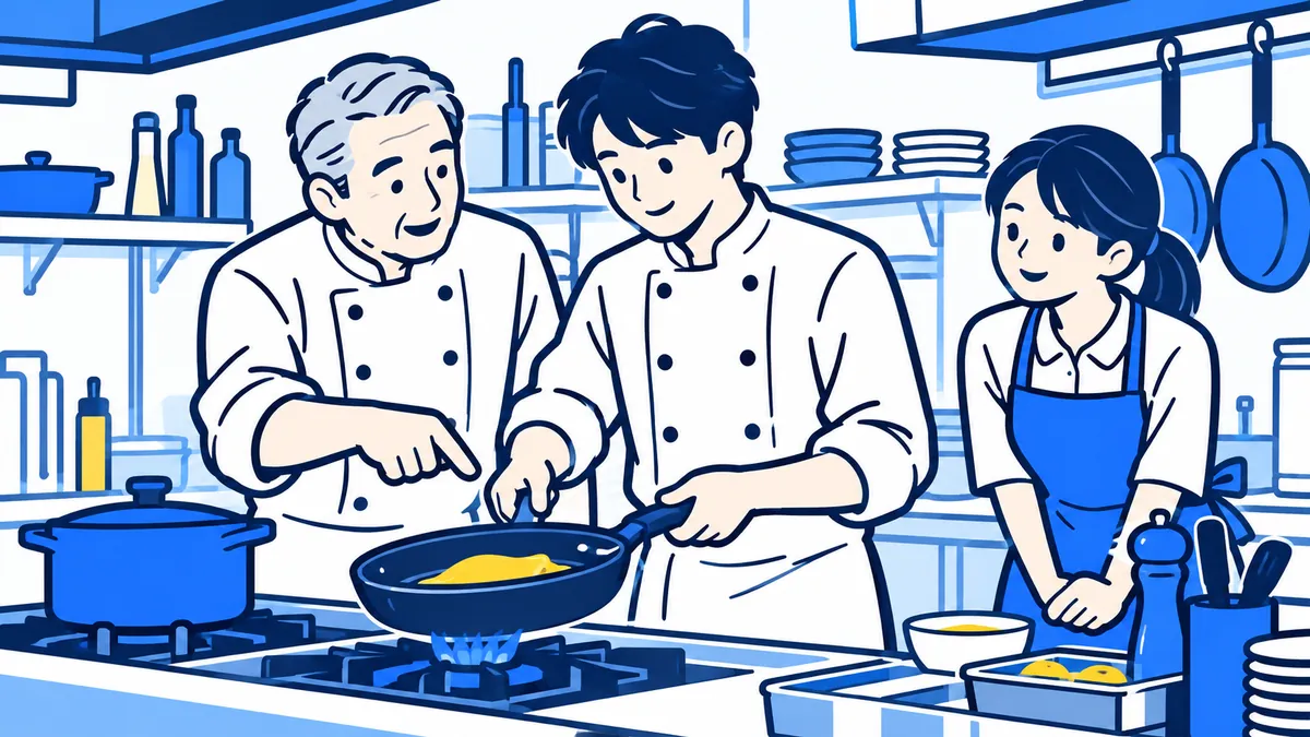 営業前の厨房で、前の店主が新しい店主に料理の手順を教え、スタッフが見守っている場面