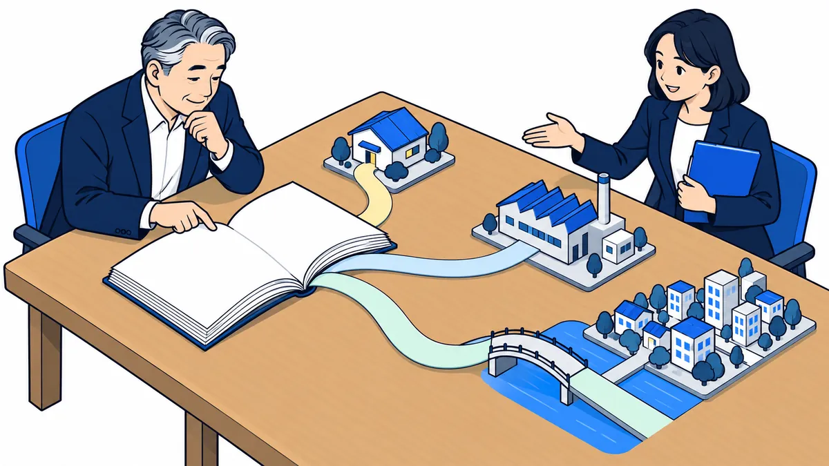 開いた厚い冊子から、小さな家・町工場・橋の先の町並みへ3本の小道がのび、社長と案内役がそれを見ているアイソメトリックのイラスト