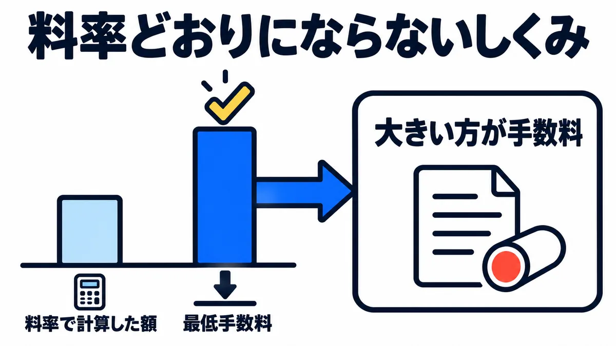 料率で計算した額が最低手数料より小さいとき、大きい方の最低手数料が手数料になるしくみを示した図