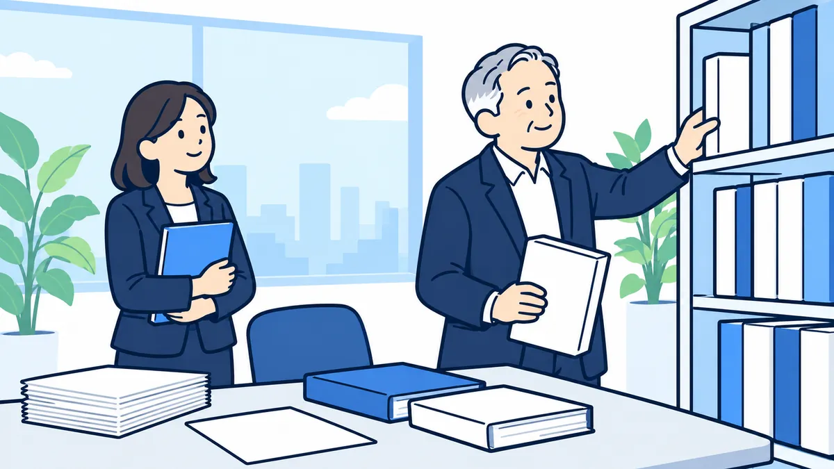 社長が机の書類をファイルにまとめて棚に並べ、そばで案内役がうなずきながら見守っている、引継ぎの準備の場面